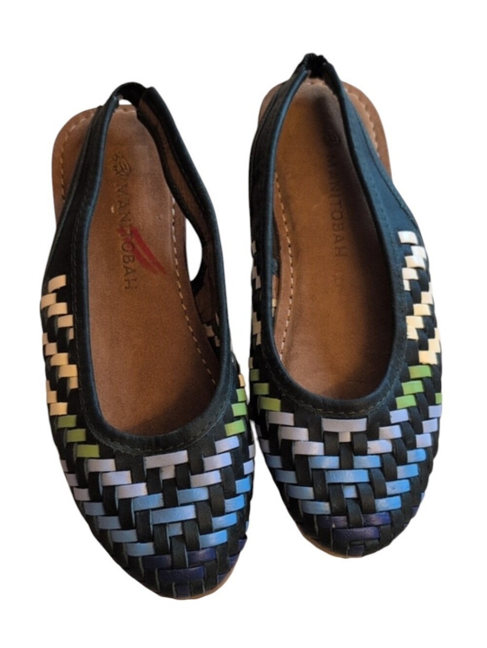 NEW Manitobah Gabriel Frey Woven Leather Sandal Flat Blue And Green Size 6